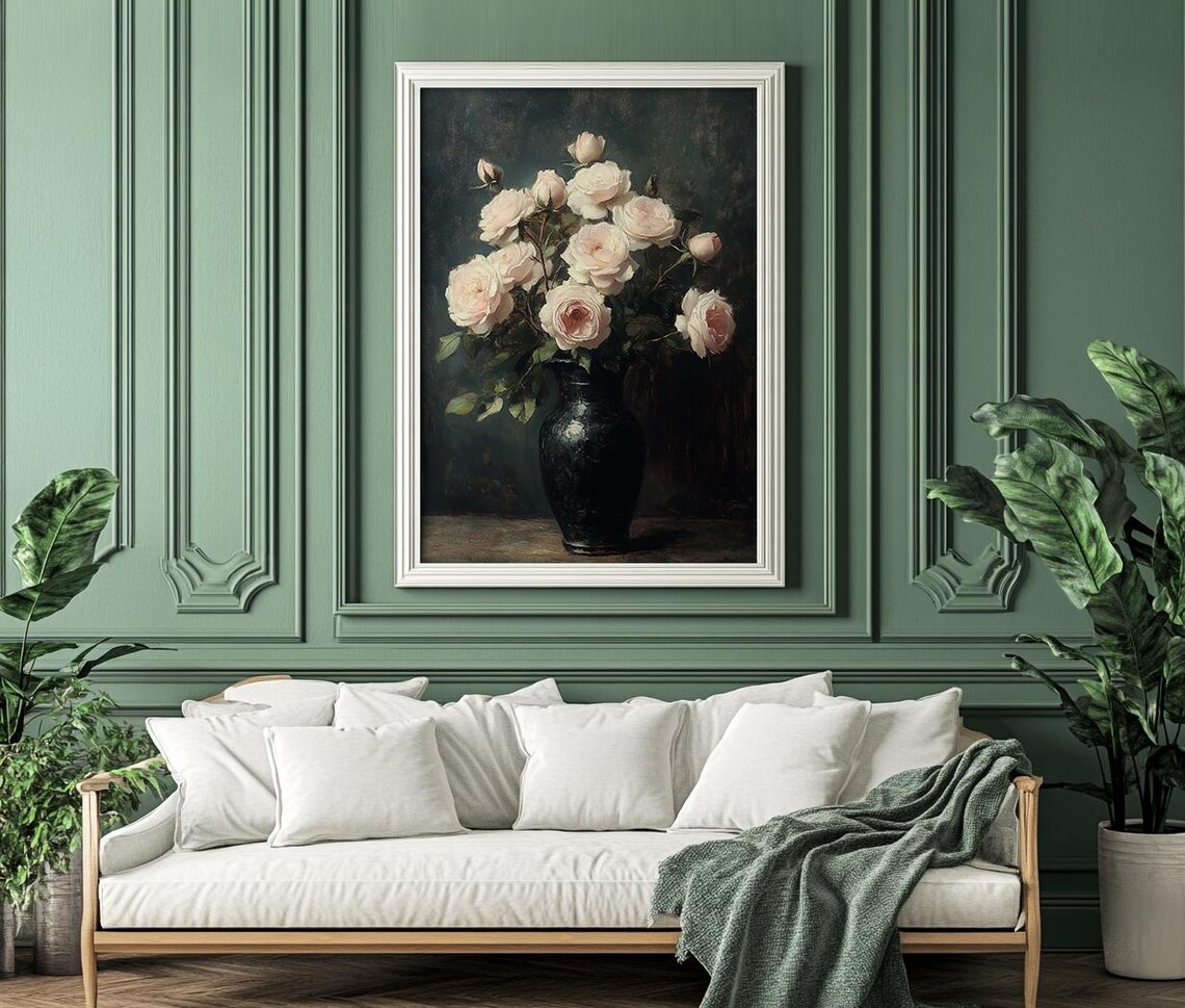 Pale Blush Roses in a Dark Vase Moody Floral Still Life Poster - Image 7