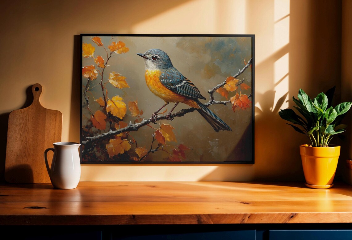 Vivid Blue and Orange Songbird on Golden Autumn Branch Poster - Image 7
