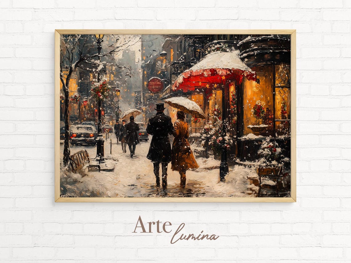 Romantic Umbrella Lovers Walking on a Snowy Parisian Street Poster