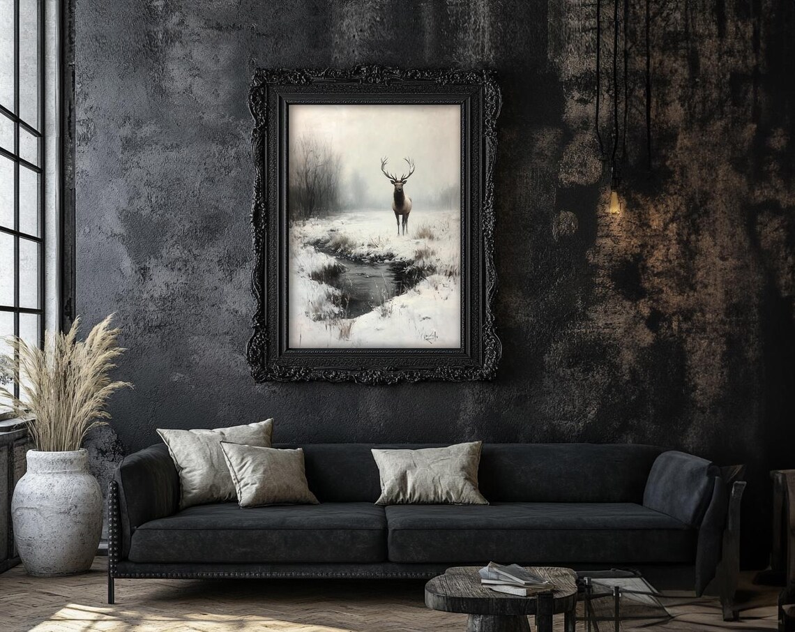 Noble Stag Beside a Misty Snowy Winter Stream Wildlife Poster - Image 2