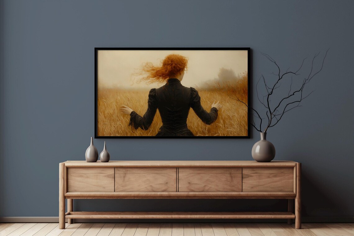 Auburn Haired Woman In Black Gown Facing Golden Wheat Field Dusk Poster - Image 3
