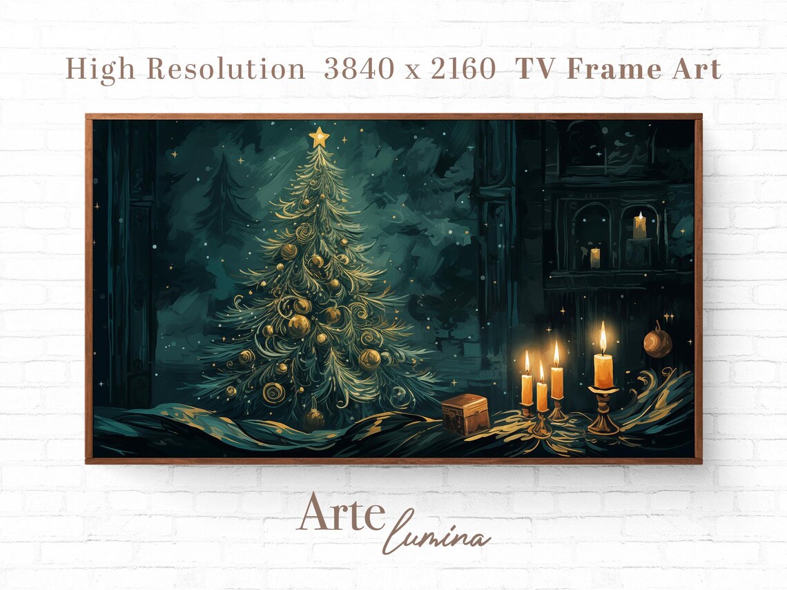 Christmas Still Life With Candles Small Tree Gifts And Moonlit Night Poster