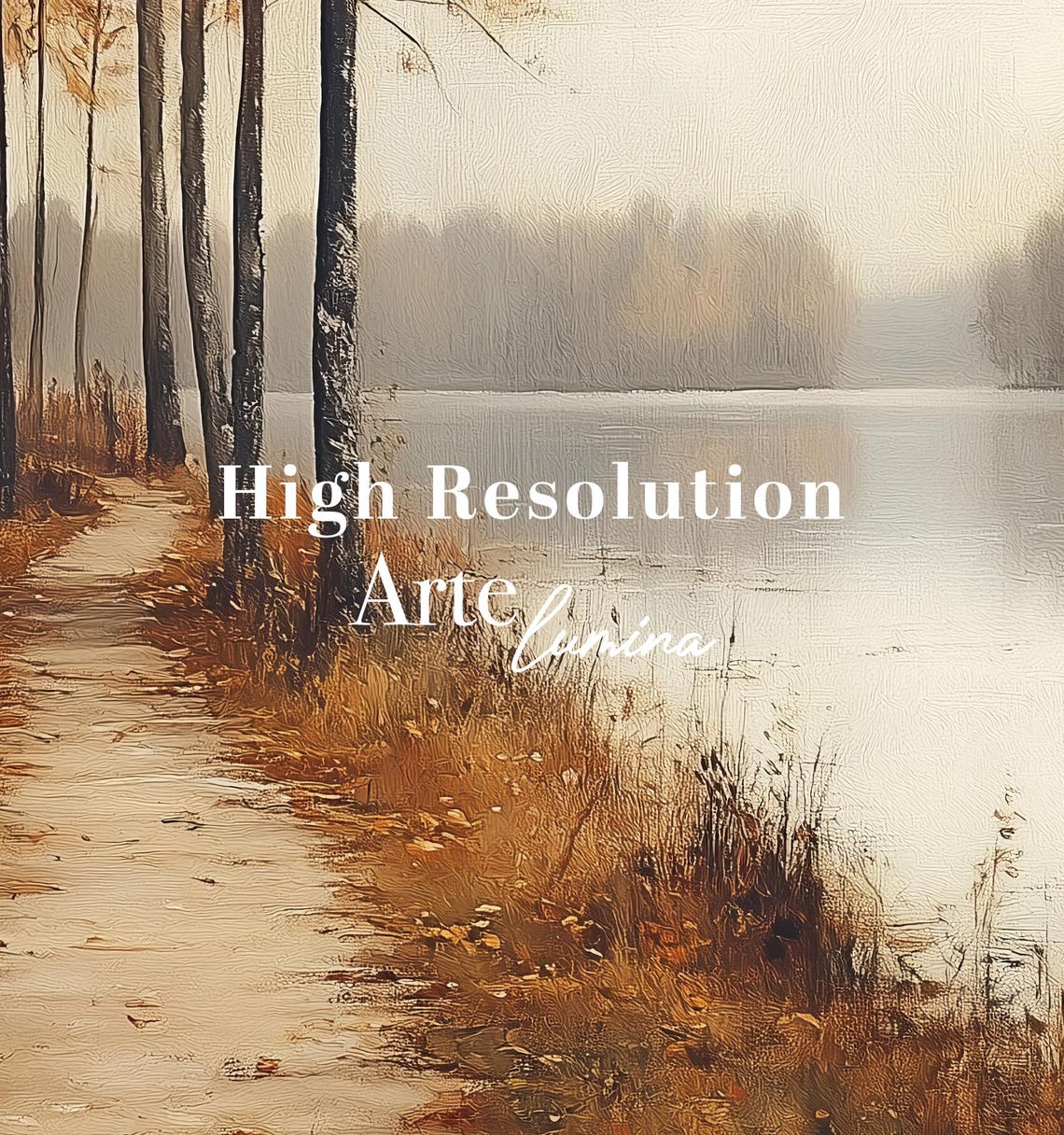 Autumn Birch Path Along Misty Lake With Golden Reflections Art Poster - Image 2