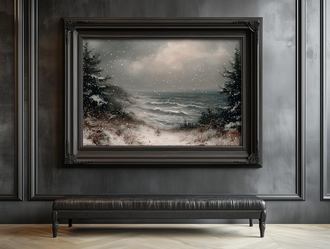 Snowy Seascape with Pines and Rolling Waves Winter Art Poster - Image 4
