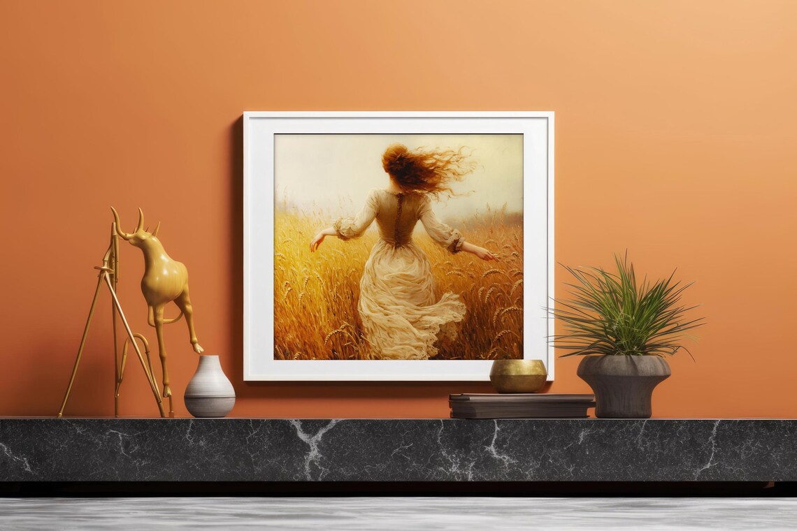 Red Haired Woman Running Through Golden Wheat Field Painting Poster