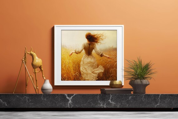 Red Haired Woman Running Through Golden Wheat Field Painting Poster
