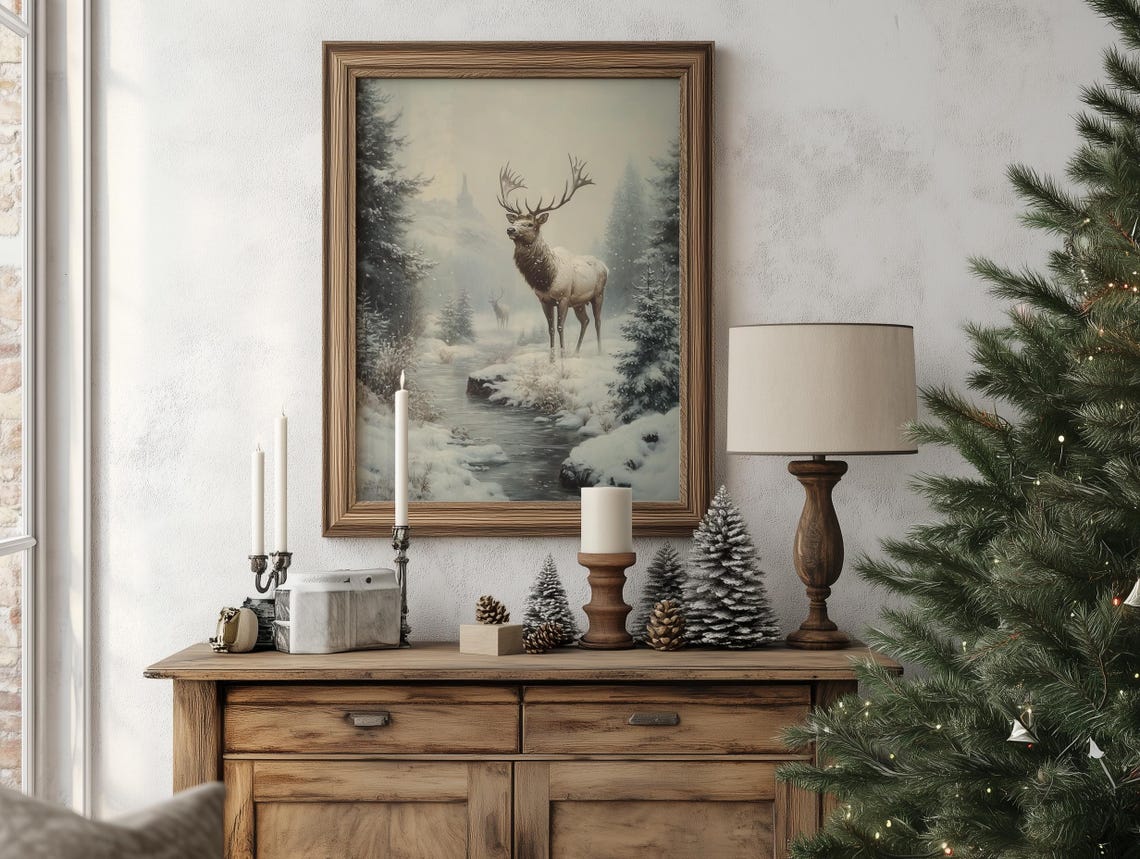 Majestic Elk by a Snowy Creek Among Sunlit Winter Pines Poster - Image 2