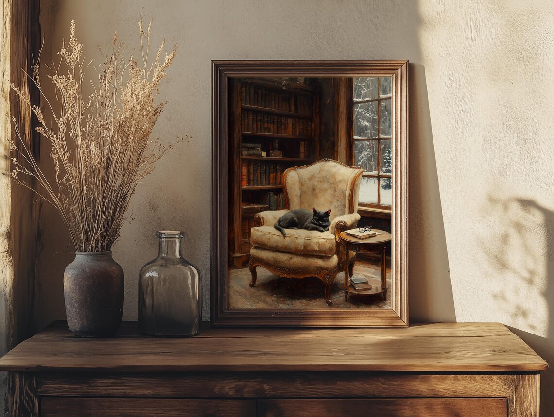 Black Cat Napping On Library Armchair By Snowy Window Vintage Art Poster - Image 4