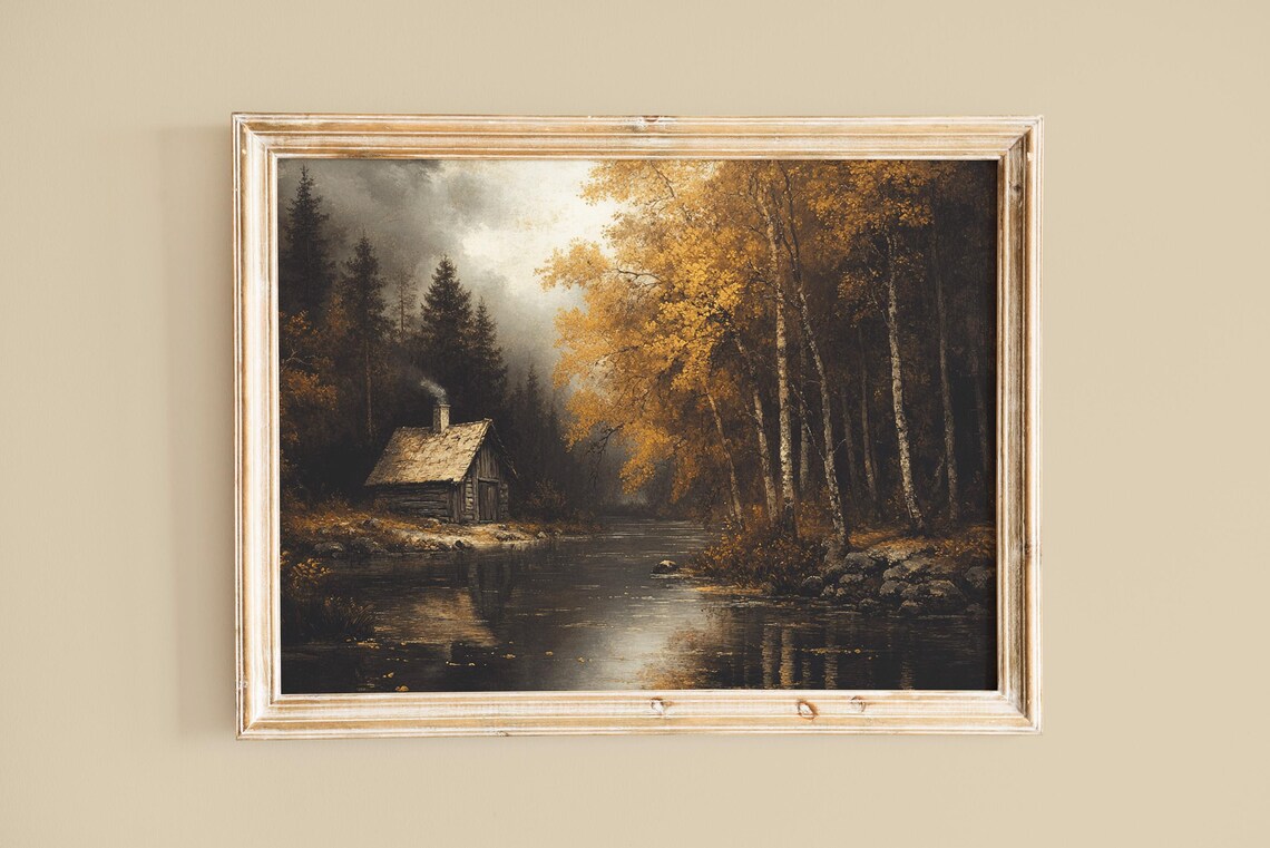 Rustic Autumn Stone Cottage Beside a Golden Forest River Poster - Image 3