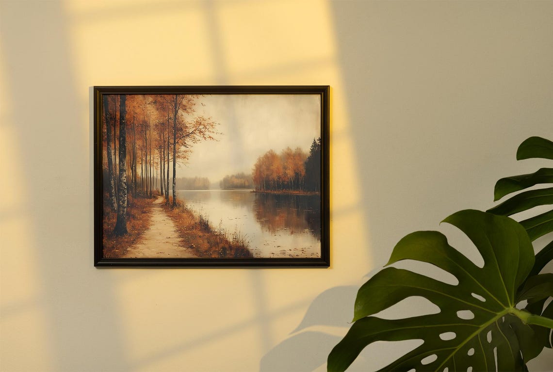 Autumn Birch Path Along Misty Lake With Golden Reflections Art Poster - Image 4
