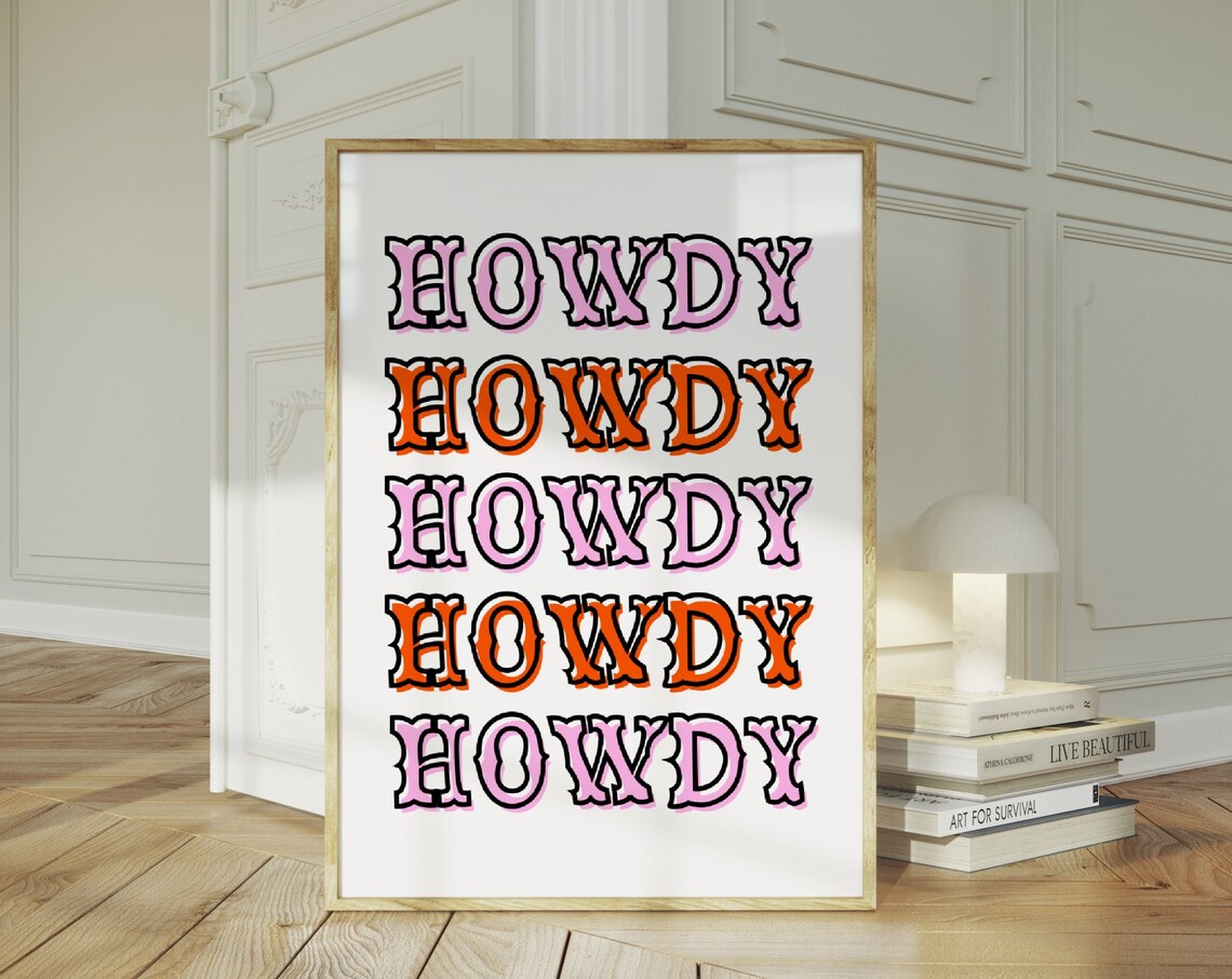 Howdy Repeat Western Circus Letters Pink Orange Vintage Wall Poster