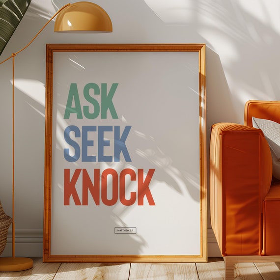Ask Seek Knock Print Matthew 77 Christian Wall Art Modern Christian Poster Bible Verse Retro Scripture Poster Quote Trendy