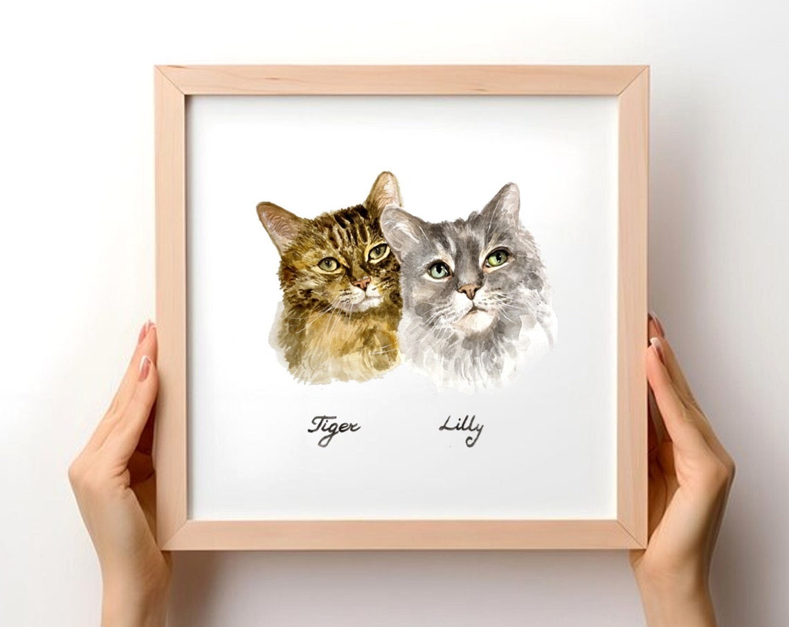 Two Cats Portrait, Watercolor Pet Loss Gift