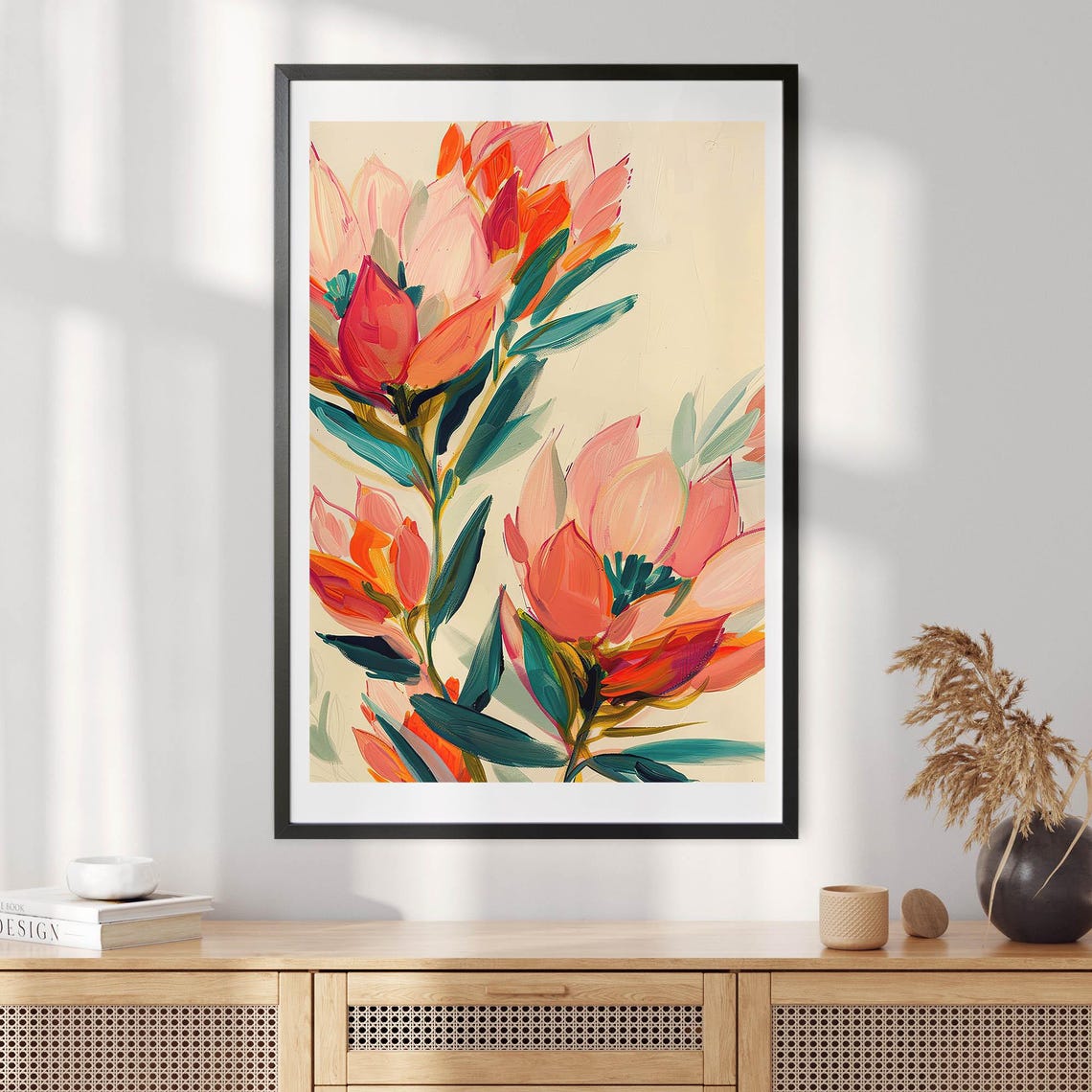 Floral Abstract Australian Coral Blooms, Boho Art