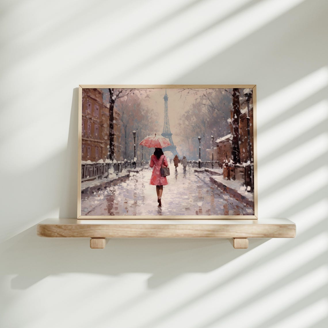 Paris Snowy Street Pink Umbrella Eiffel Tower Winter Walk Art Poster - Image 3