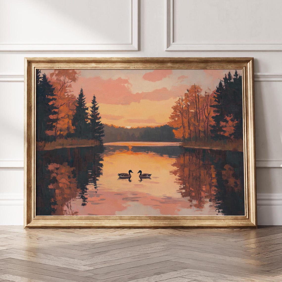 Autumn Lake Sunset Two Ducks Swimming Golden Trees Wall Art Print - Image 5