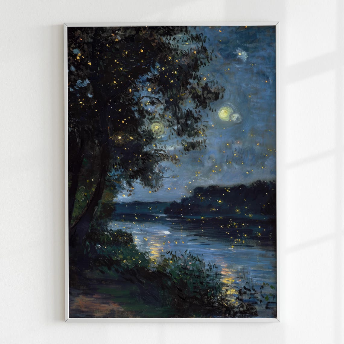 Fireflies Glowing Moonlit Lake Night Forest Reflections Art Poster - Image 4
