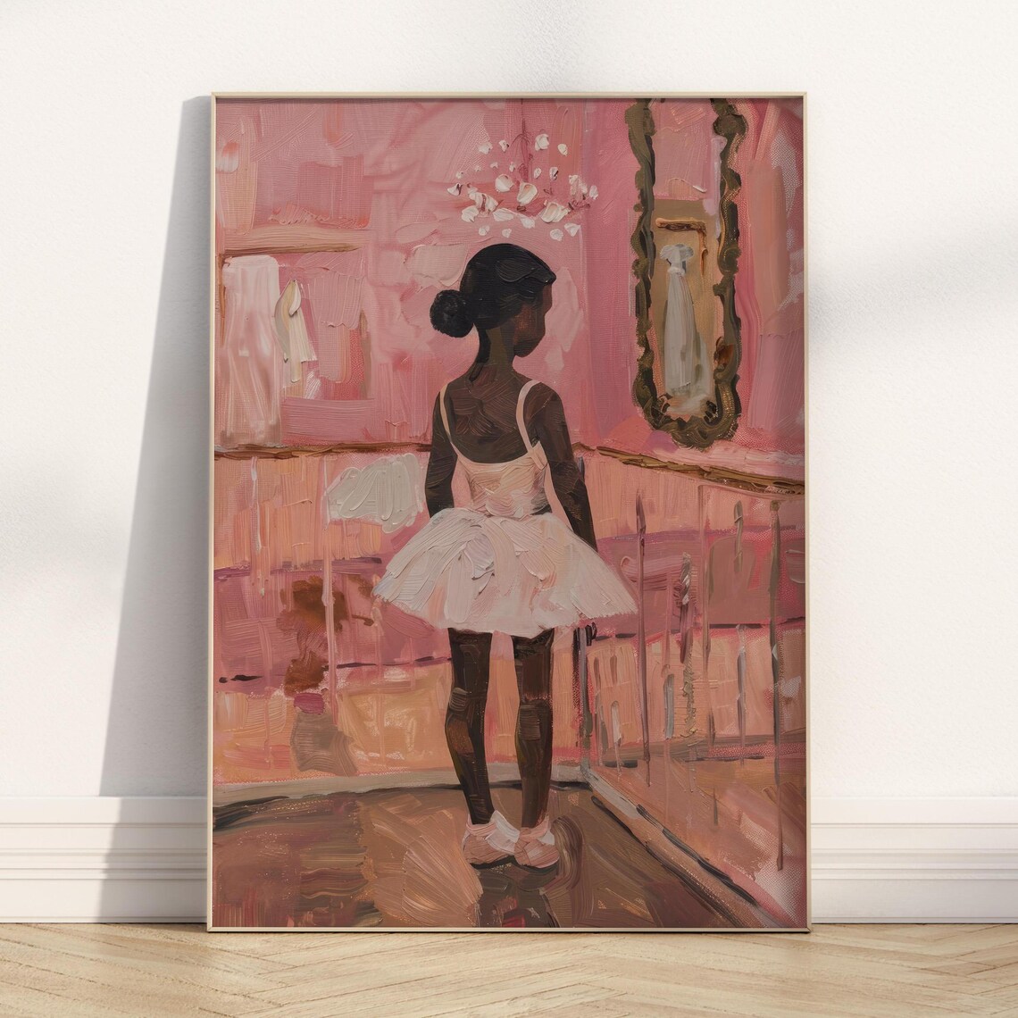 Little Black Ballerina in White Tutu Before Ornate Mirror Pink Studio Poster - Image 2