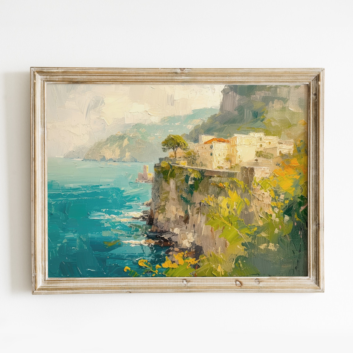 Amalfi Coast Italy Cliffside Village Turquoise Sea Oil Painting Poster