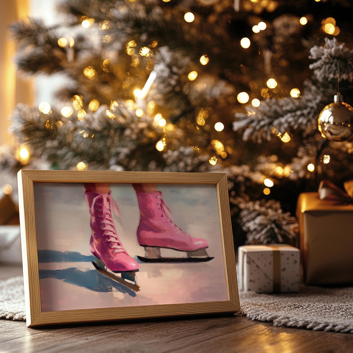 Pink Ice Skates Vintage Winter Art Print - Image 3