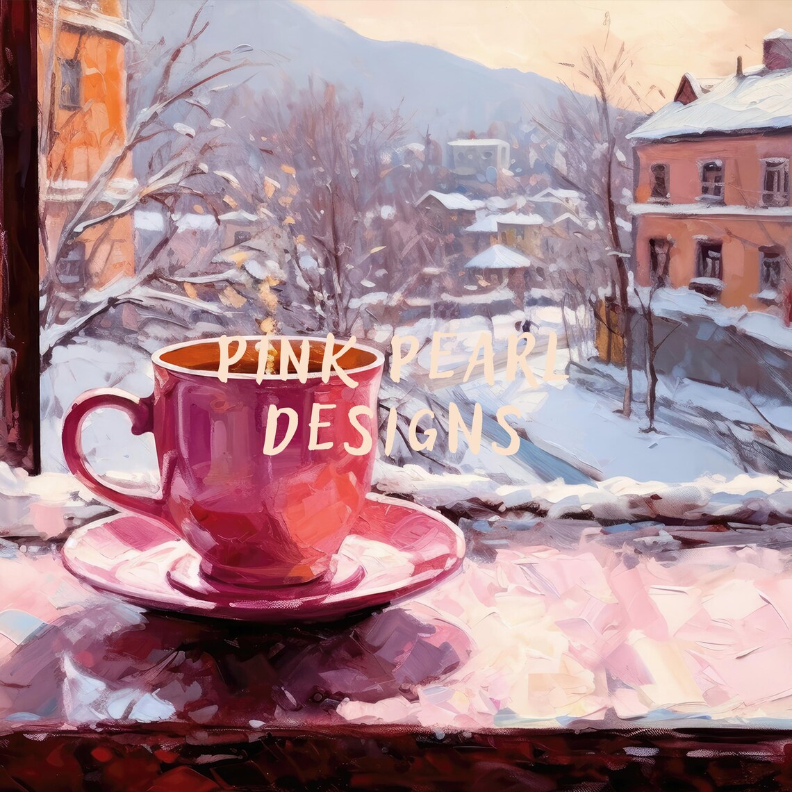 Pink Coffee Cup Snowy Window View Winter Village Morning Art Poster - Image 2