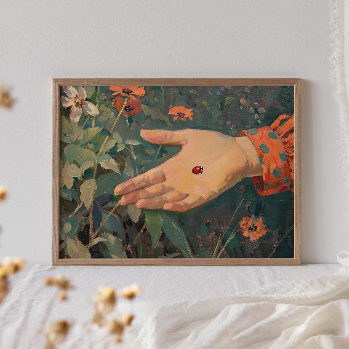 Red Ladybug Resting on Hand Wildflower Garden Spring Oil Art Print - Image 4