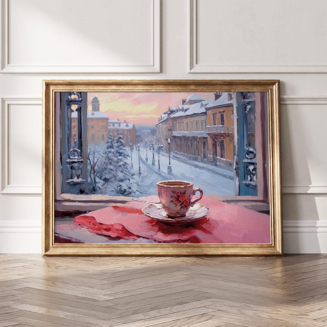 Cozy Coffee Cup Pink Windowsill Snowy Street Winter Morning Poster - Image 6