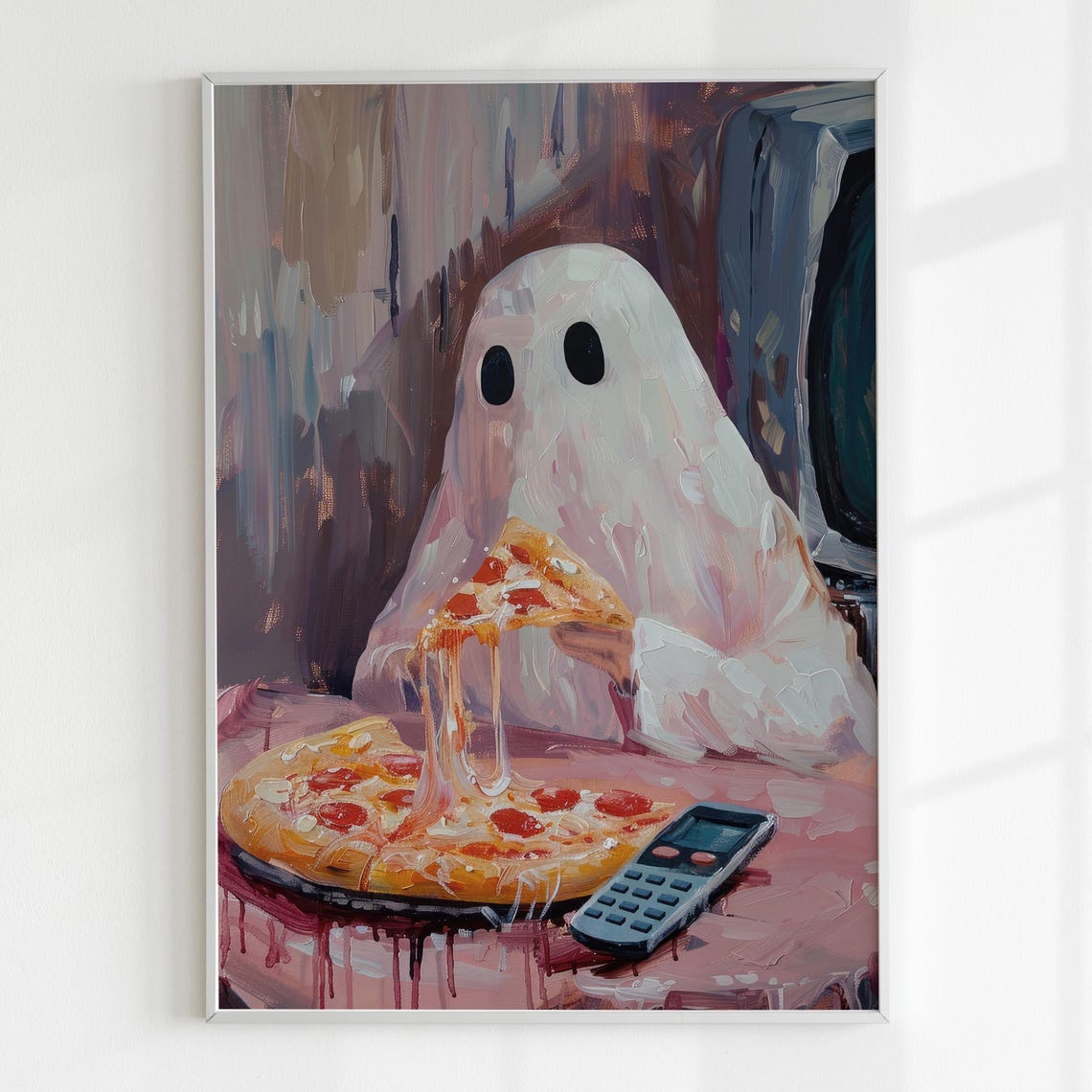 Cute Ghost Eating Pizza Halloween Wall Art Preppy Halloween Room Decor Spooky Kitchen Print Ghost Pizza Art - Image 5