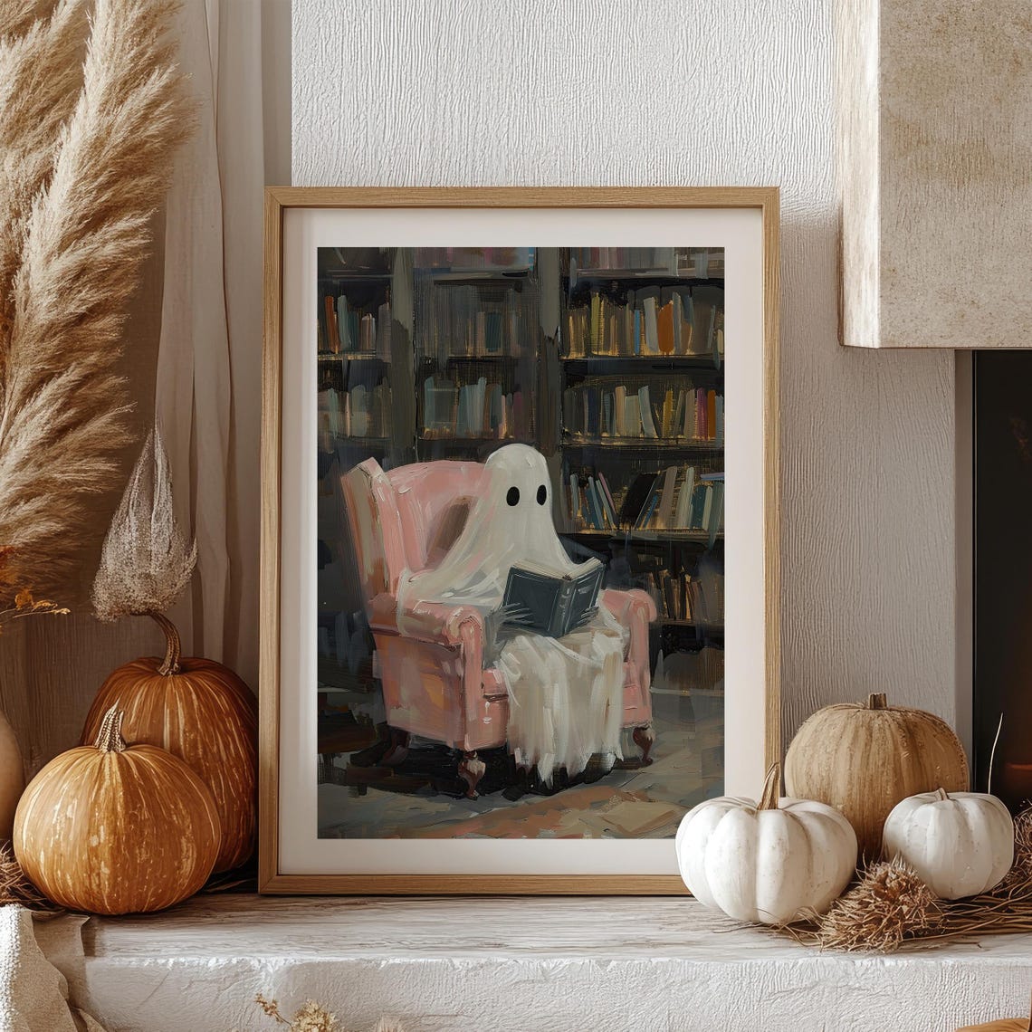 Ghost Reading Book In Cozy Library Halloween Wall Art Poster - Image 5