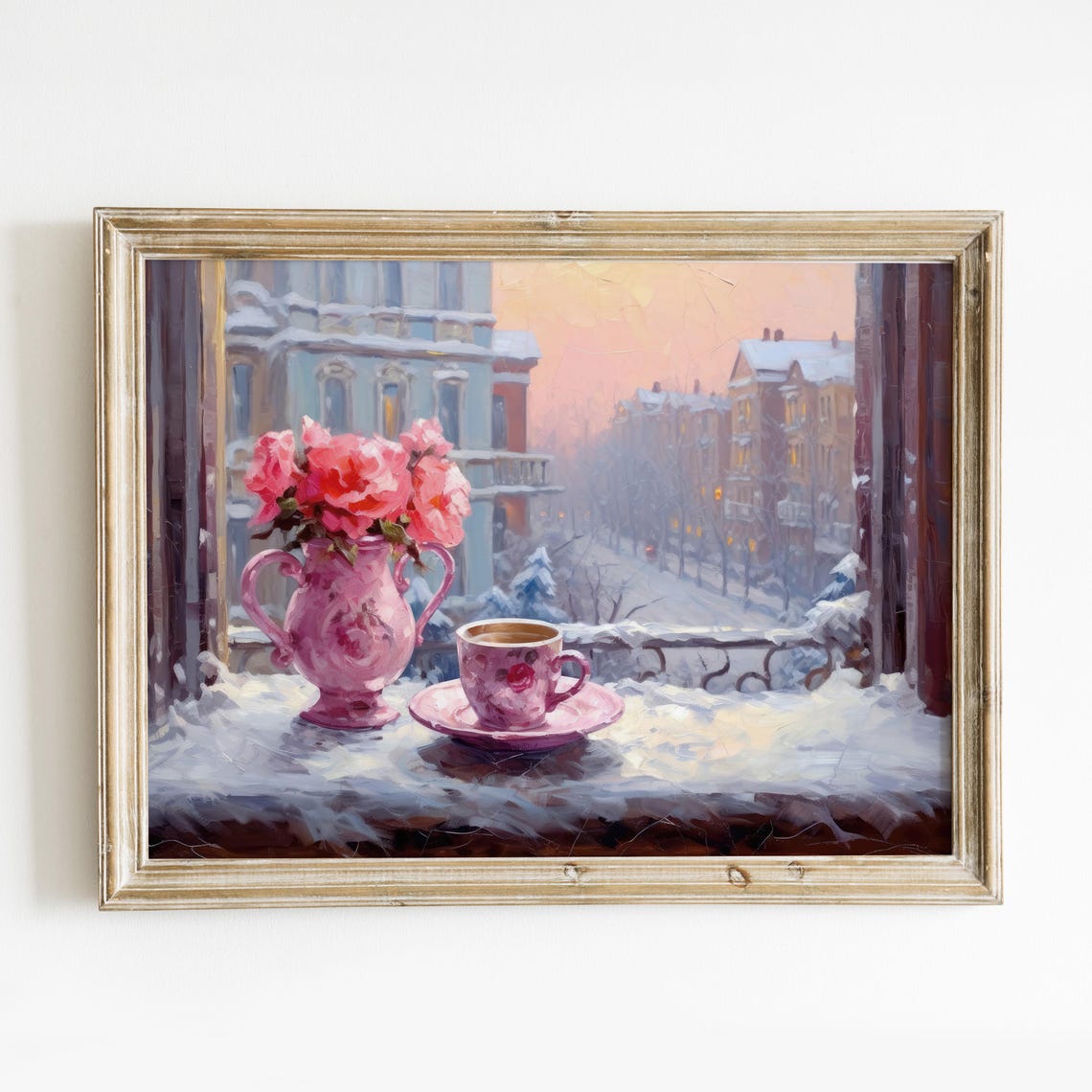 Pink Roses And Tea Cup Snowy Window View Winter Wall Art Poster - Image 6