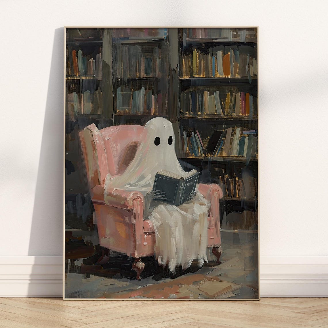 Ghost Reading Book In Cozy Library Halloween Wall Art Poster - Image 3