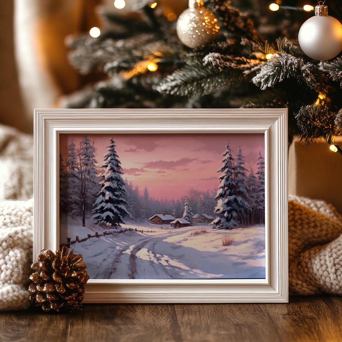 Pink Winter Forest Cabin Snowy Dusk Landscape Wall Art Poster