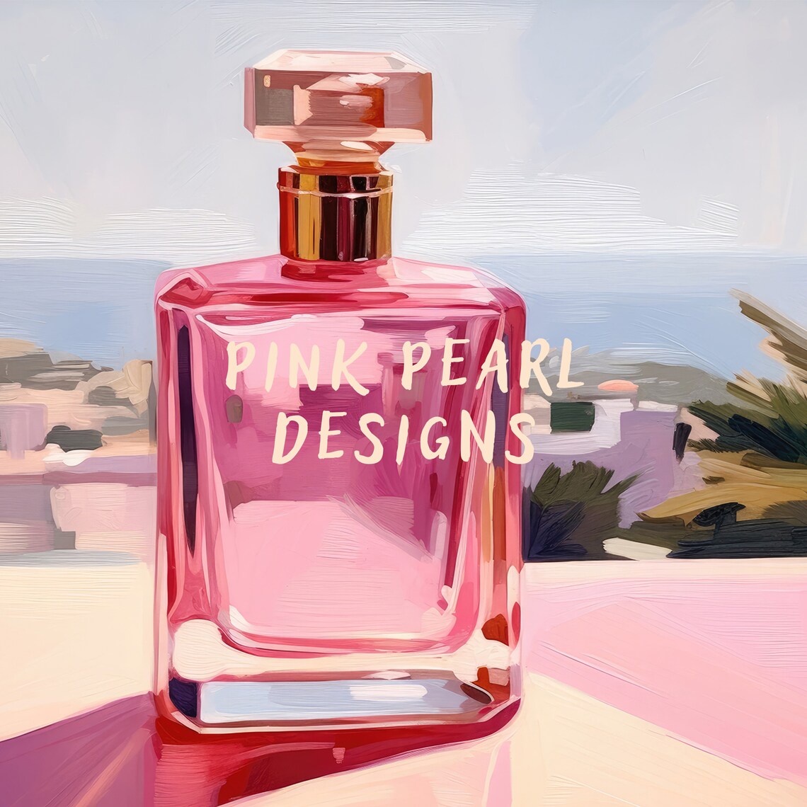 Pink Perfume Bottle Ocean View Balcony Summer Vacation Travel Wall Poster - Image 6