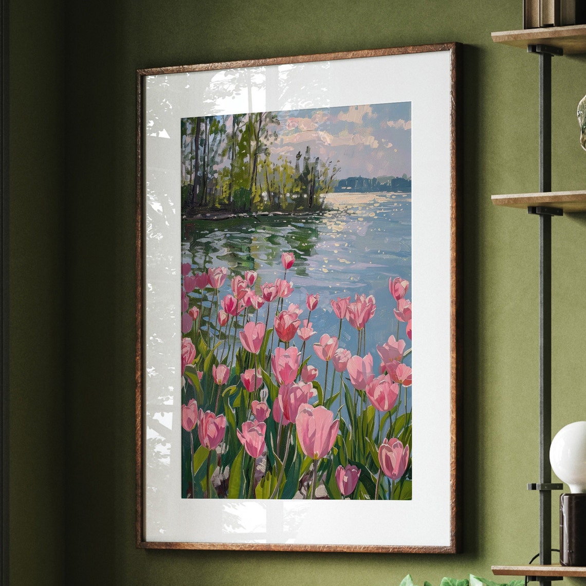 Pink Tulips Spring Lake Sparkling Water Trees Landscape Wall Art - Image 5
