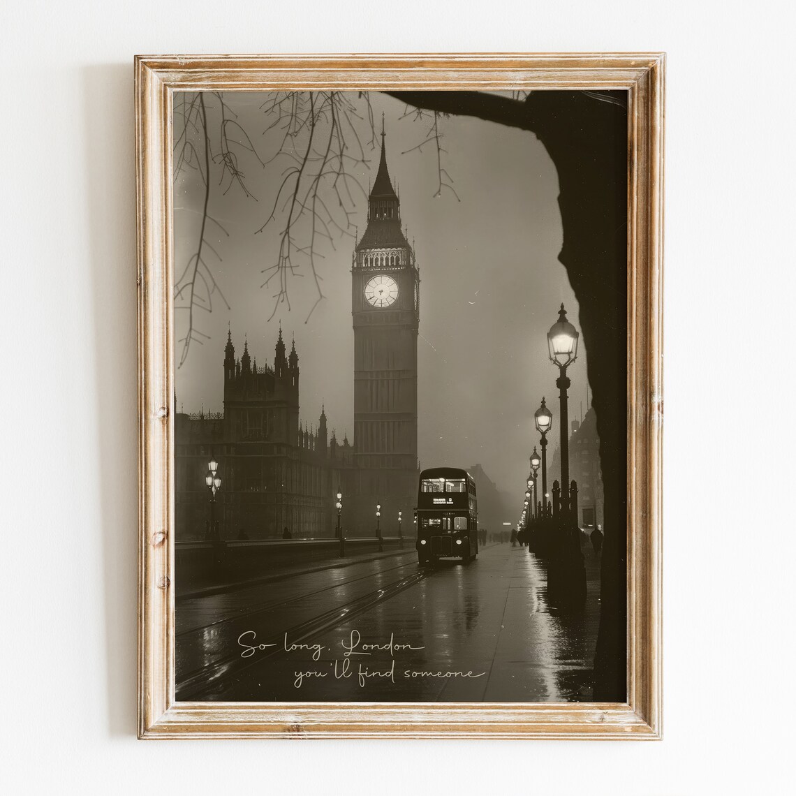 London Big Ben Moody Black and White Bus Night Song Lyrics Poster - Image 3
