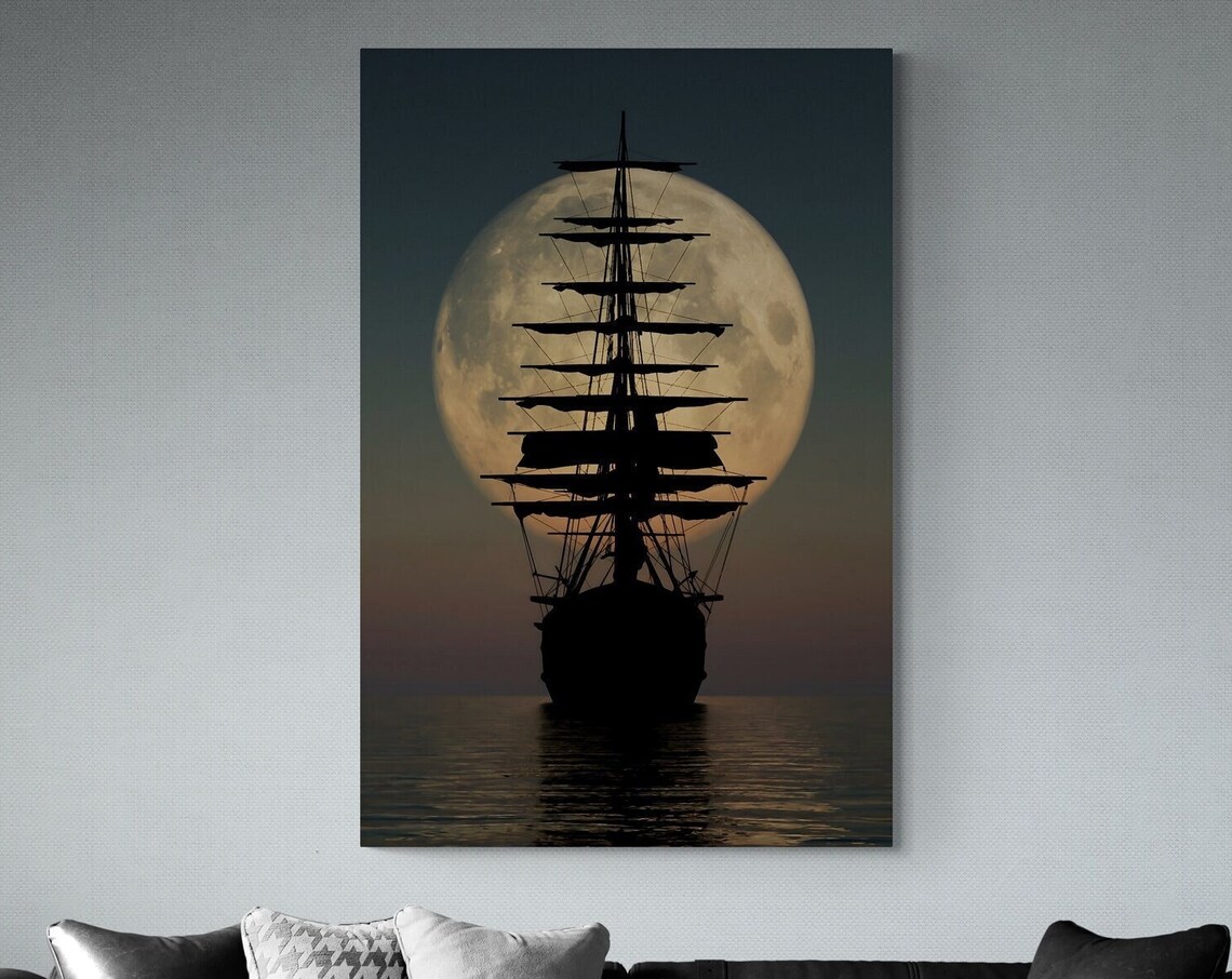 Pirate Ship Dark Night Moon Print, Wall Art - Image 2