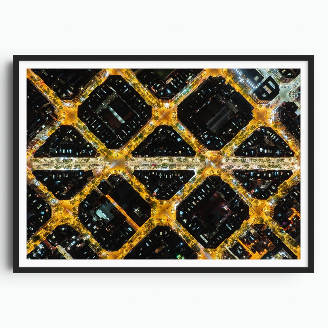 Barcelona Night Aerial Golden Grid Street Lights City View Poster