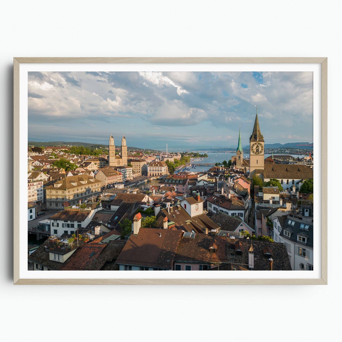 Zurich Old Town Skyline With Churches And Lake Zurich Day View Poster