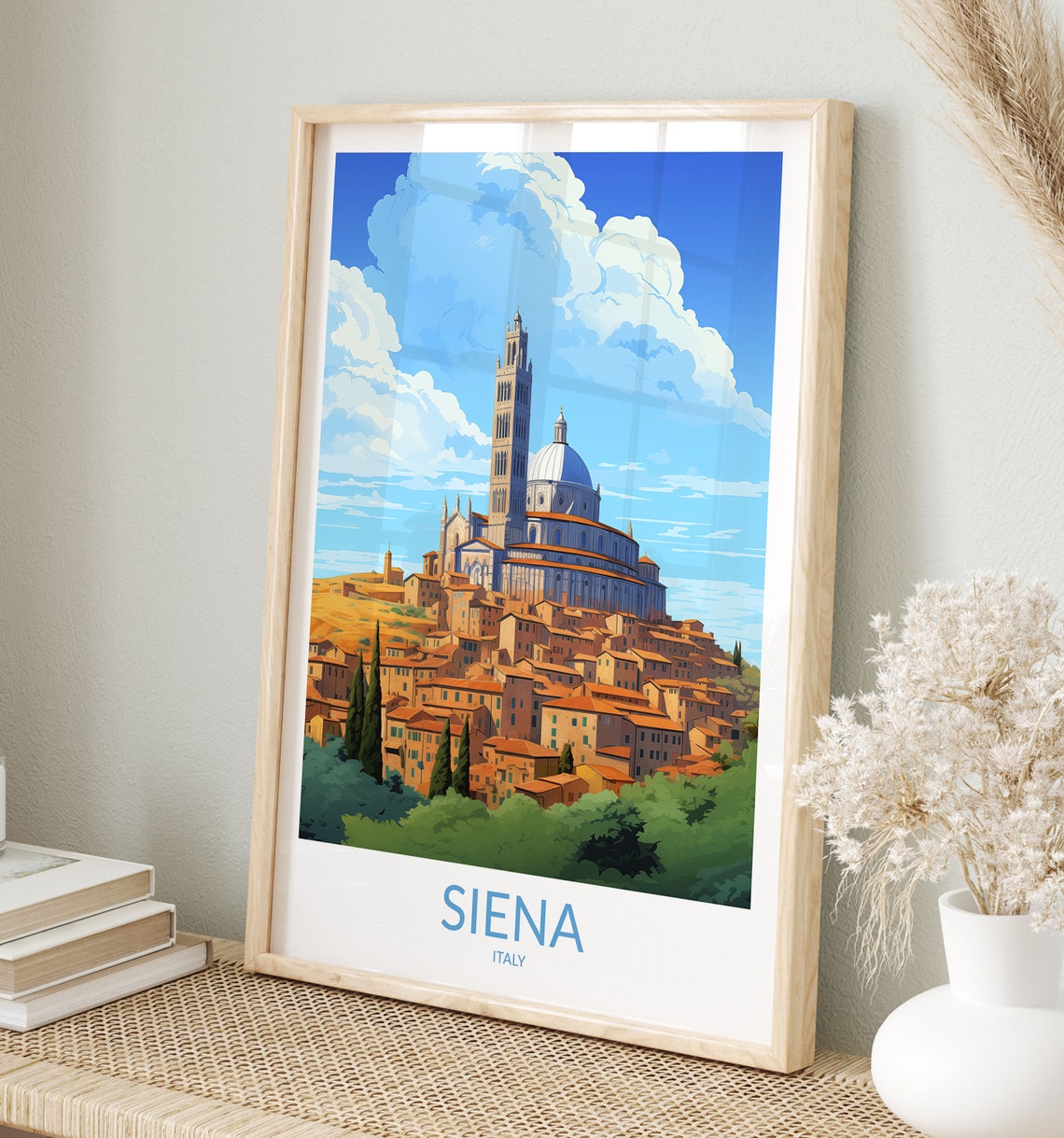 Siena Italy Cathedral on the Hill and Cypress Trees Travel Poster