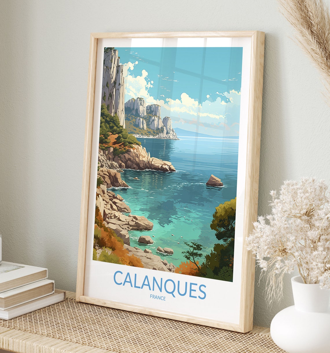 Calanques France Sheer Cliff Cove Teal Water Vintage Travel Poster