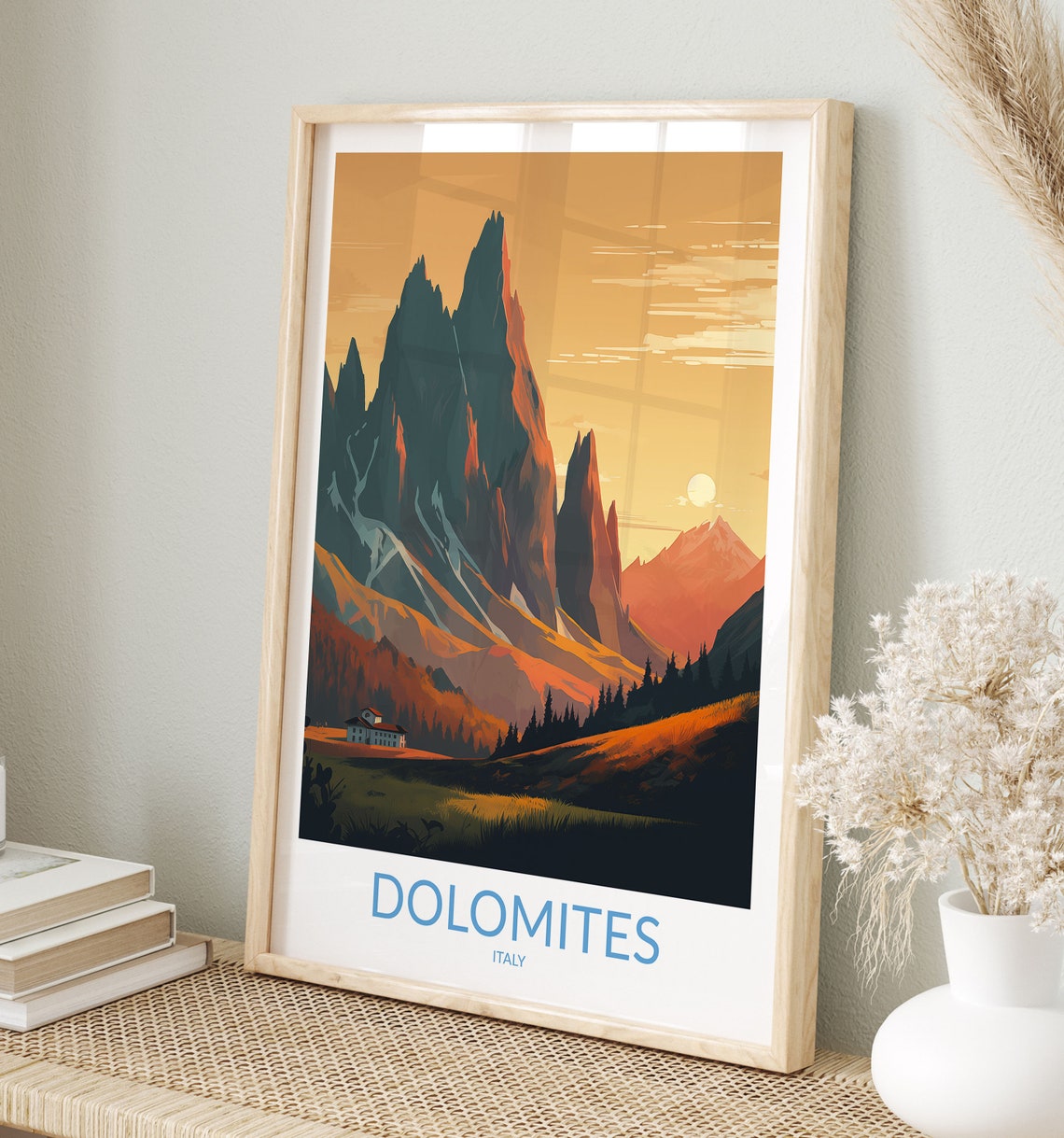 Dolomites Italy Golden Hour Jagged Peaks Cabin Retro Travel Poster