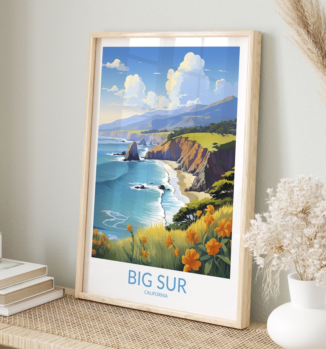 Big Sur California Wildflower Cliff Beach Waves Scenic Poster