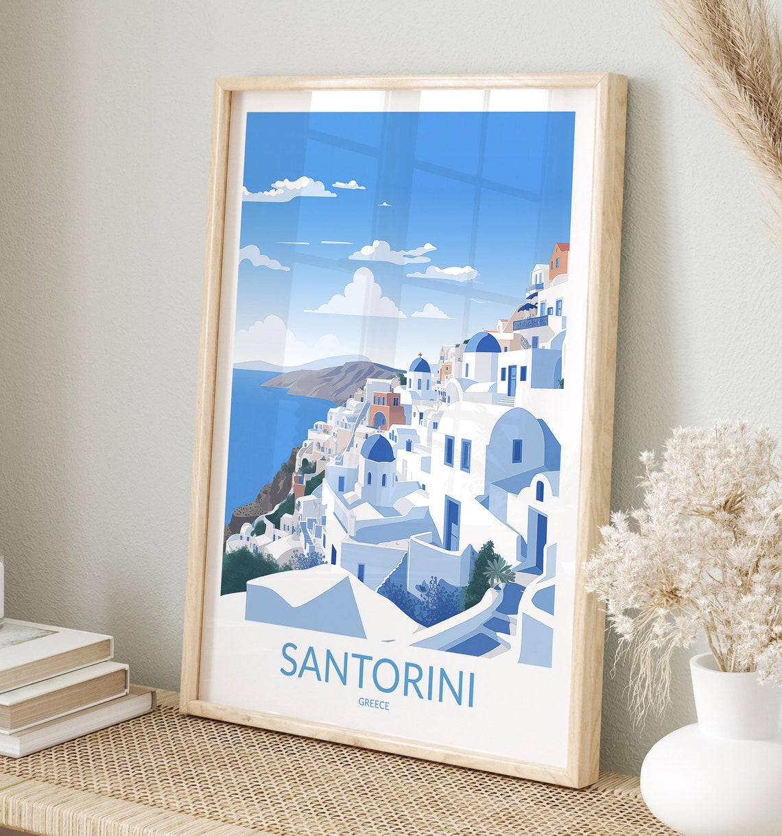 Santorini Greece Caldera Village Blue Domes Aegean Retro Poster