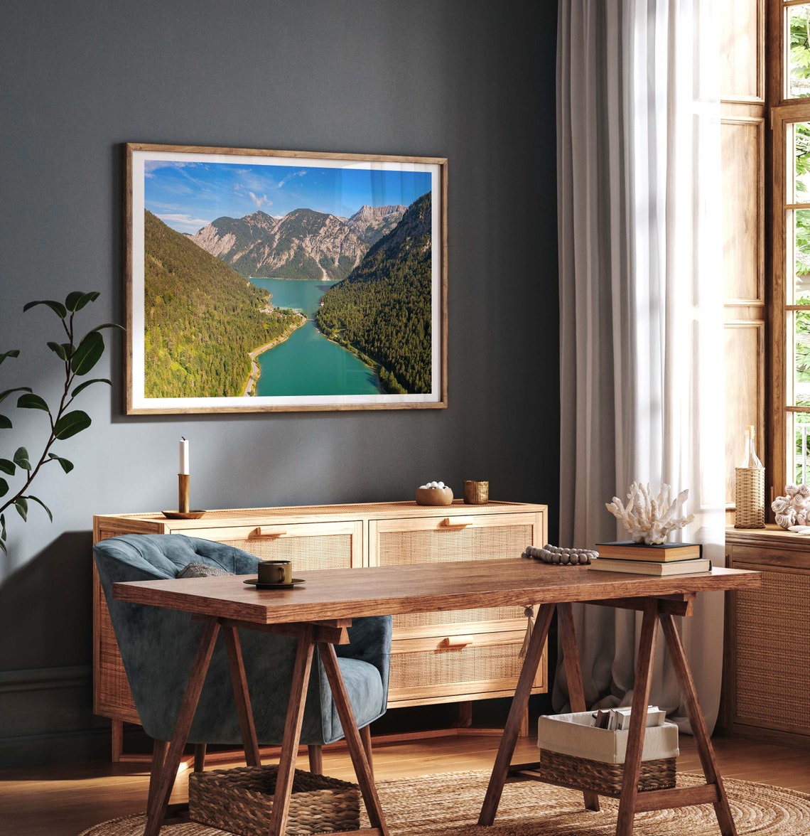 Turquoise Alpine Lake Aerial Forested Peaks Road Austria Poster - Image 4