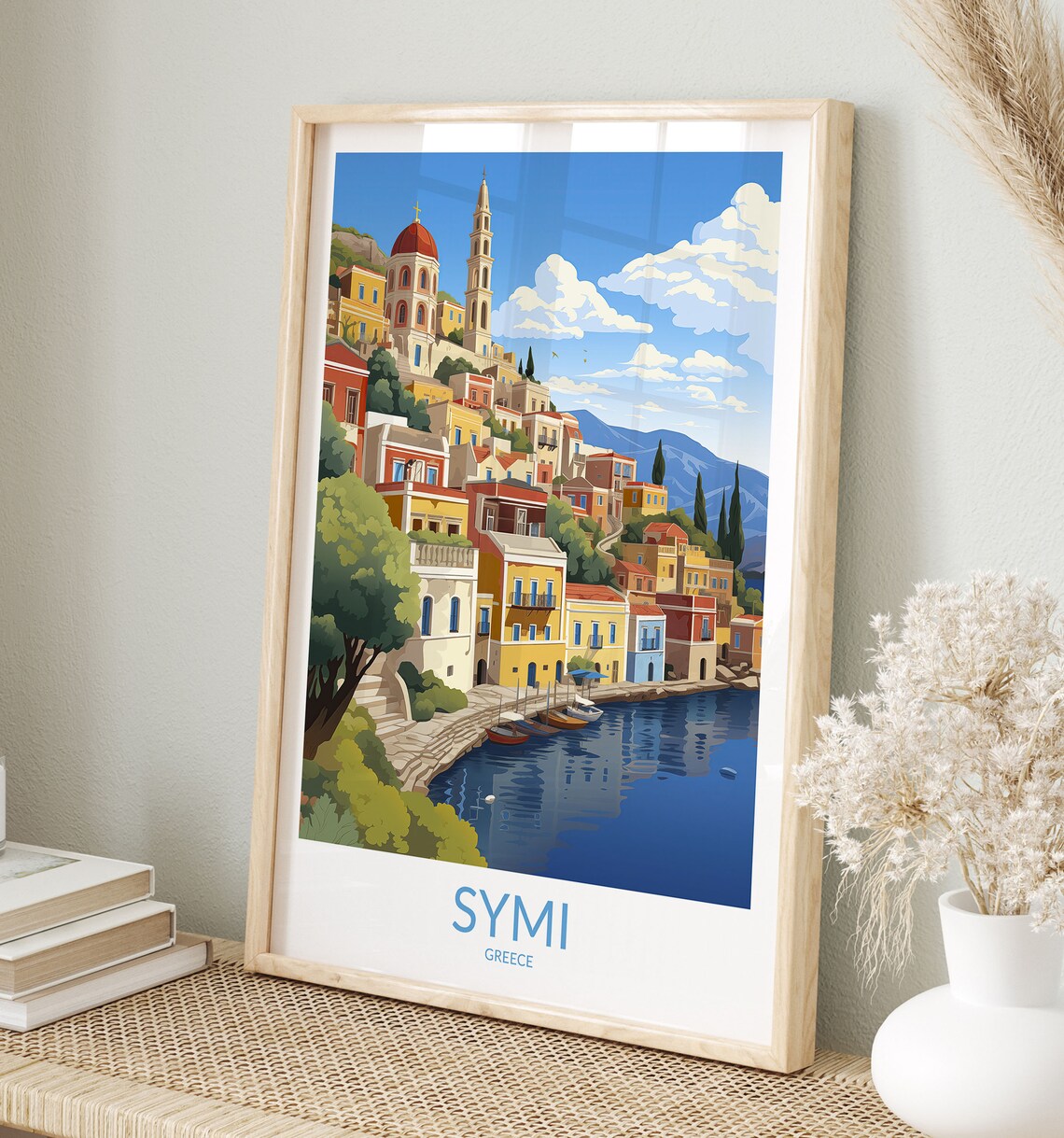 Symi Greece Colorful Hillside Harbor Town and Church Travel Poster