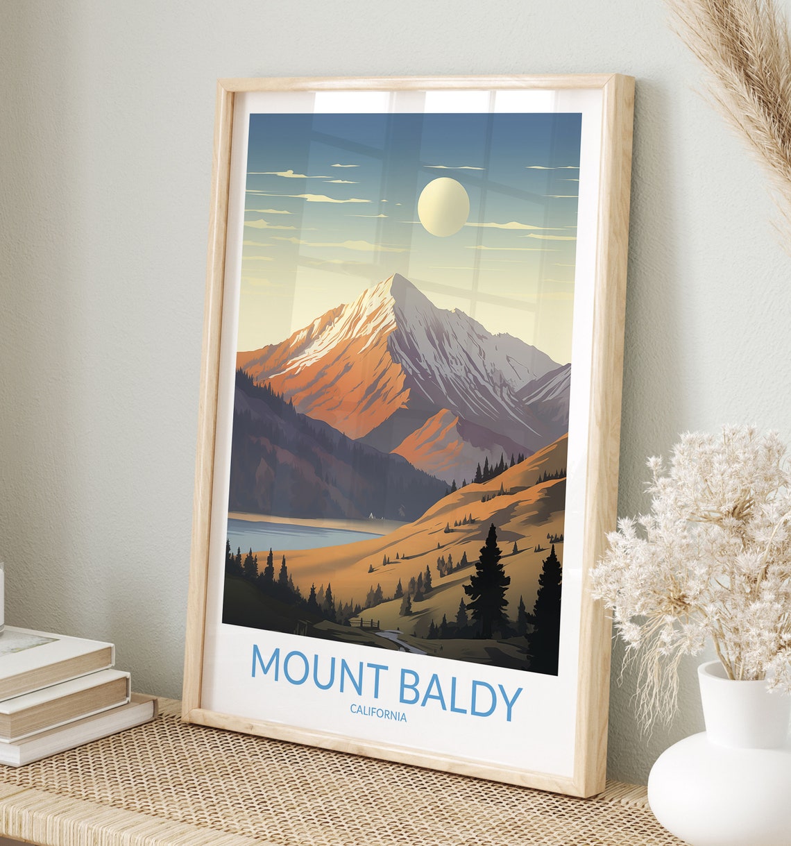 Mount Baldy California Snow Peak Moonlit Lake Sunset Travel Poster