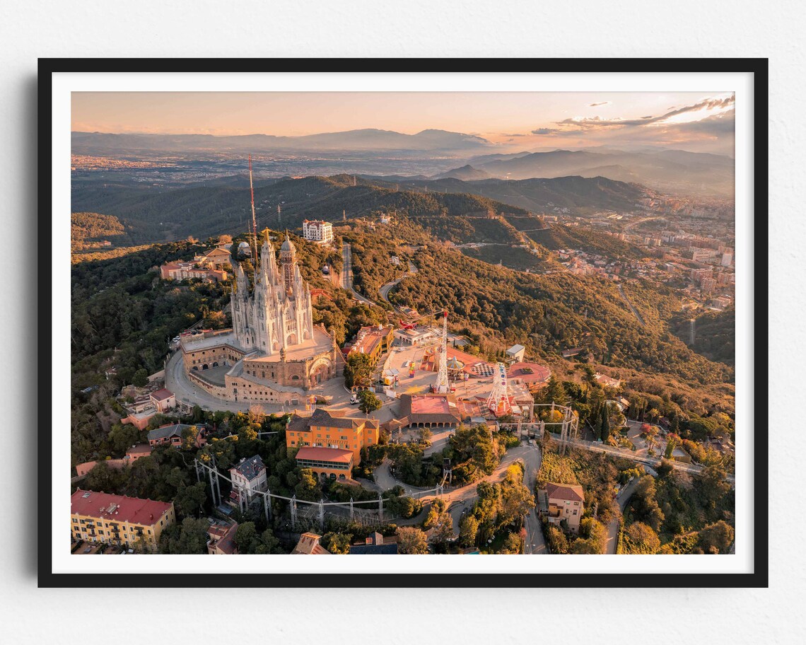 Tibidabo Church Barcelona Aerial Sunset View Over Green Hills Poster