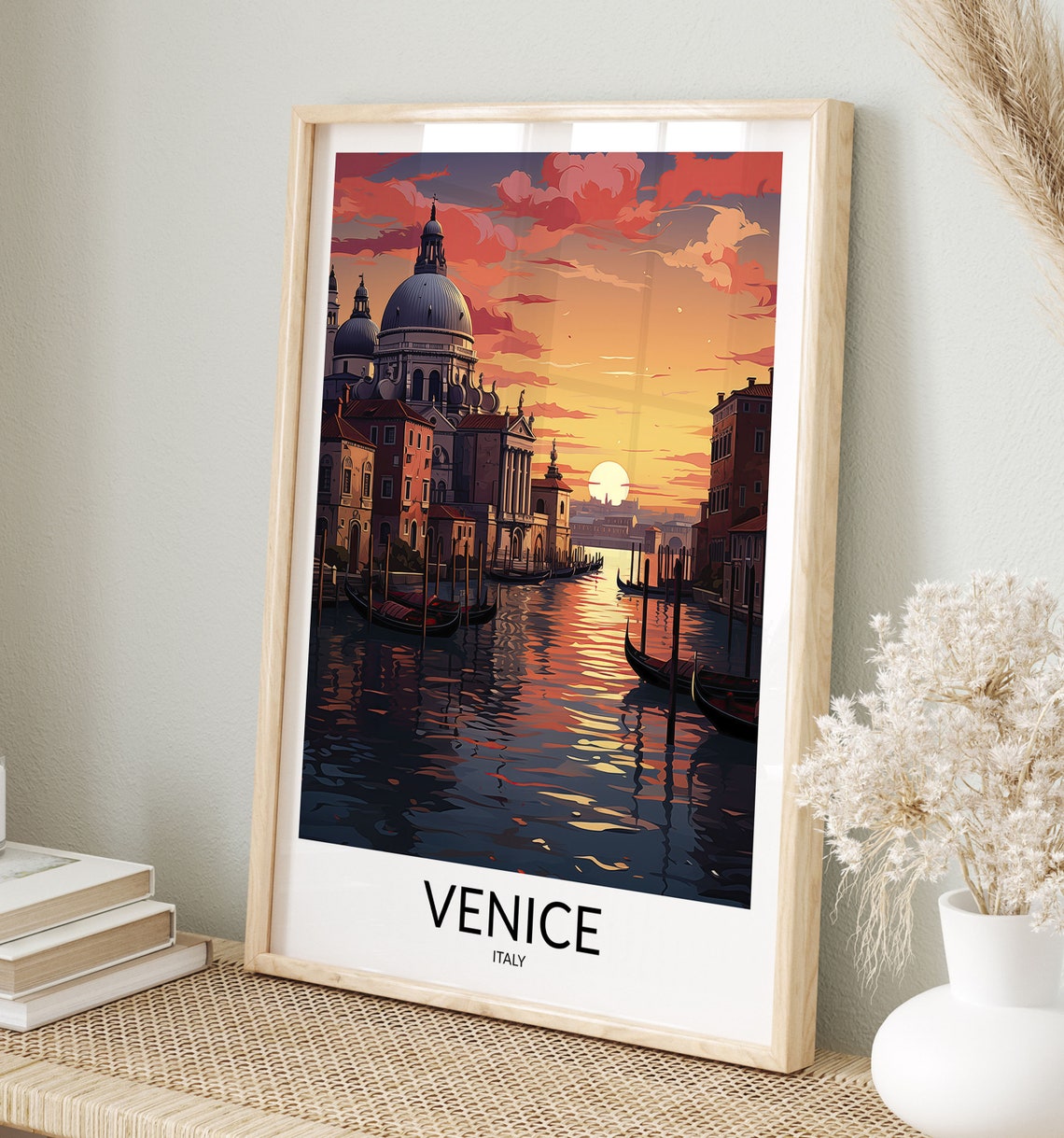 Venice Italy Salute Dome Gondolas Sunset Vintage Travel Poster