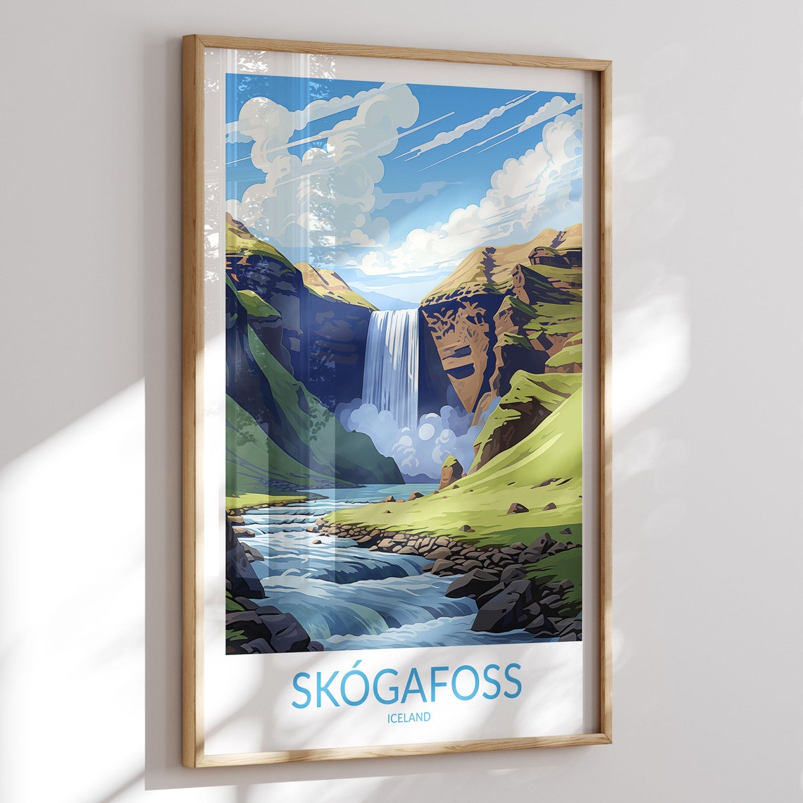 Skogafoss Iceland Waterfall Gorge Rapids Blue River Travel Poster