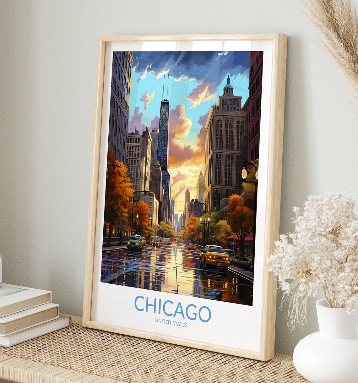 Chicago Illinois Rainy Street John Hancock Sunset Cityscape Poster